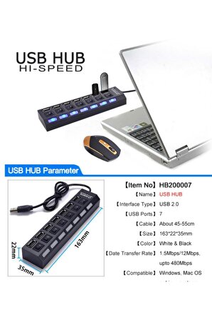 7 Port USB Çoklayıcı Çoğaltıcı Işıklı Hub USB 2.0 Switch Splitter
