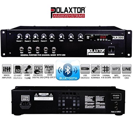 POWER MİXER ANFİ 5 KANAL 300W BT/USB/SD/UK/FM YERLİ POLAXTOR PLX-300