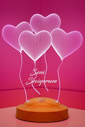 Sevgilambası 14 Şubat Sevgililer Günü Hediyesi, Seni Seviyorum Yazılı Hediye Klasik Kalpler 3 Boyutlu 3D Led Lamba, Masa ve Gece Lambası