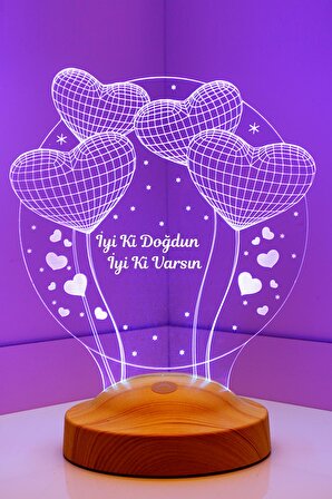 Sevgilambası Doğum Günü Parti Hediyesi 3D İyi ki Doğdun Yazılı Hediye 3 Boyutlu Balon Kalpler Küre Led Lamba, Masa Gece Lambası