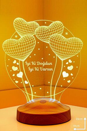 Sevgilambası Doğum Günü Parti Hediyesi 3D İyi ki Doğdun Yazılı Hediye 3 Boyutlu Balon Kalpler Küre Led Lamba, Masa Gece Lambası