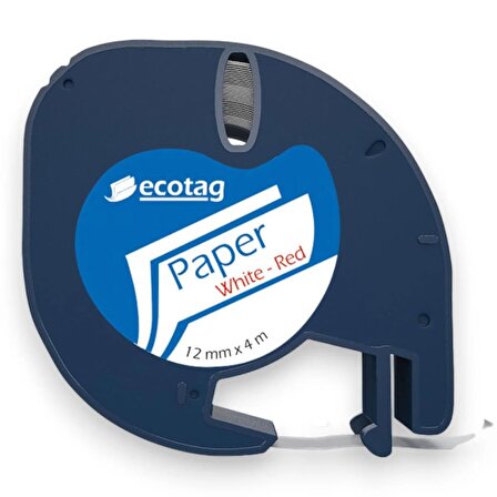 Ecotag Dymo Letratag Şerit Etiket Kağıt Beyaz Kırmızı 12 mm x 4 mt 