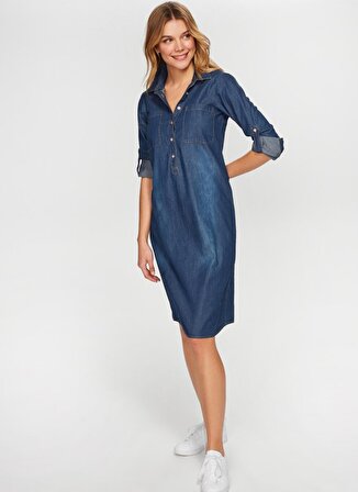 Faik Sönmez B00069 Gömlek Yaka Katlanabilir Kollu Standart Kalıp Mavi Kadın Elbise