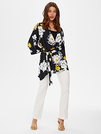 Monochrom Çiçek Desenli Kimono 66493