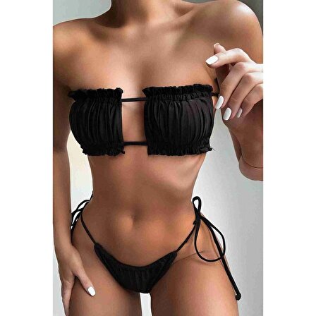 Angelsin Brezilya Model Büzgülü Bağlamalı Bikini üst Siyah