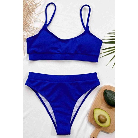 Angelsin Yüksek Bel Fitilli Kumaş Tankini Bikini Takım Saks