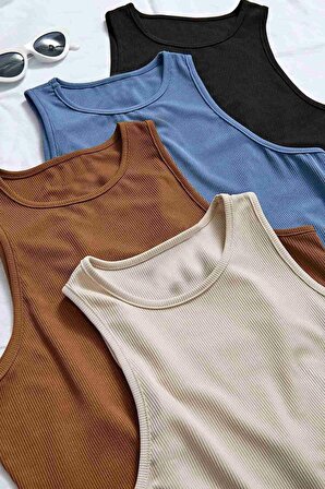 Merry See 4lü Paket 4 Renk Takım Kadın Kolsuz Örme Kumaş Bluz Crop Çok Renkli
