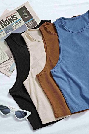 Merry See 4lü Paket 4 Renk Takım Kadın Kolsuz Örme Kumaş Bluz Crop Çok Renkli