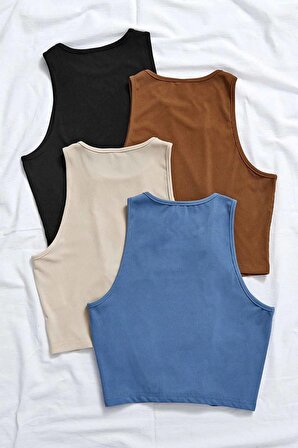 Merry See Tek Renk 1 Adet Kadın Kolsuz Örme Kumaş Bluz Crop