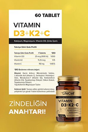 Lifecell Vıtamın D3 K2 C - 60 Tablet Komplex Vitamin Desteği