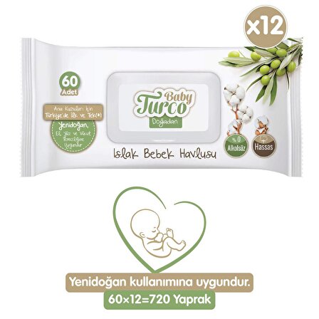 Baby Turco Doğadan Yenidoğan Alkolsüz-Parfümsüz 12 x 60 Yaprak 12 Paket Islak Mendil