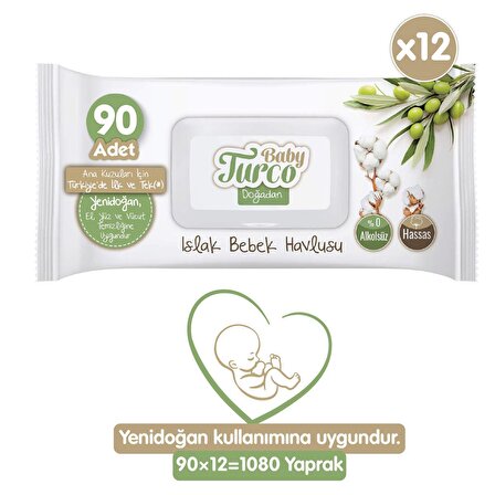Baby Turco Doğadan Yenidoğan Alkolsüz-Parfümsüz 12 x 90 Yaprak 12 Paket Islak Mendil