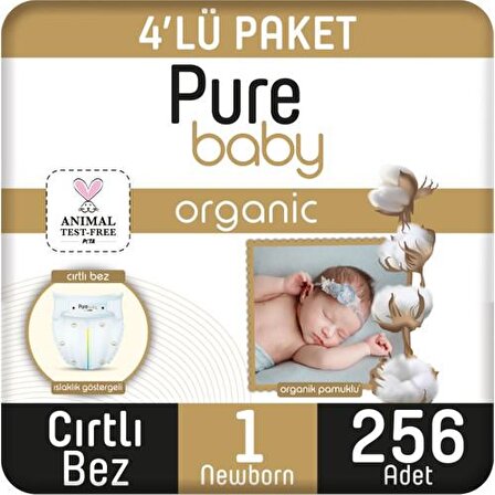 Pure Baby Organic 1 Numara Yenidoğan 256'lı Cırtlı Bez