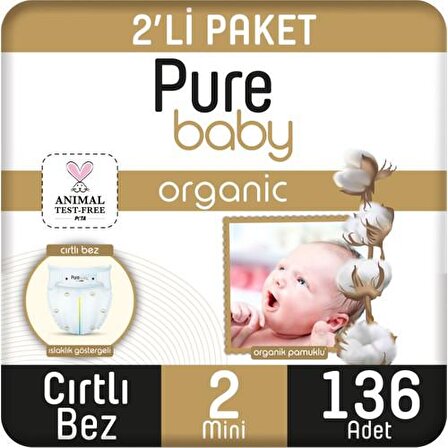 Pure Baby Organic 2 Numara Mini 136'lı Cırtlı Bez