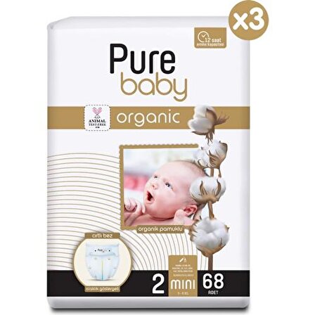 Pure Baby Organic 2 Numara Mini 204'lü Cırtlı Bez