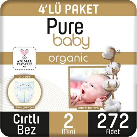 Pure Baby Organic 2 Numara Mini 272'li Cırtlı Bez