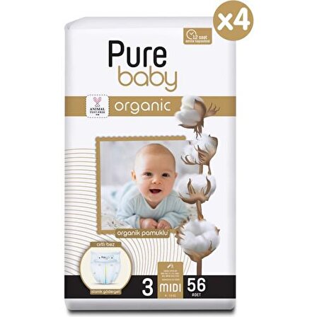 Pure Baby Organic 3 Numara Midi 224'lü Cırtlı Bez