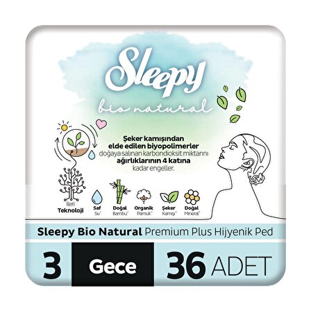 Sleepy Bio Natural Premium Plus Gece Hijyenik Ped 36 Adet