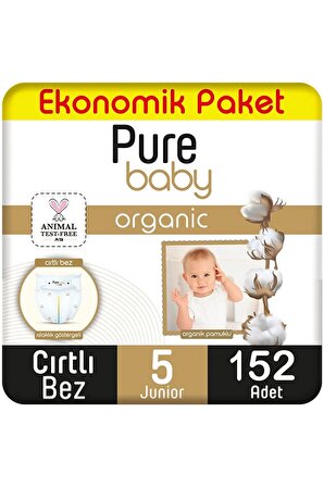 Pure Baby Organic 5 Numara Junior 152'li Cırtlı Bez
