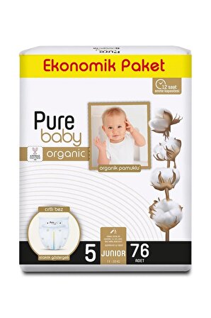 Pure Baby Organic 5 Numara Junior 76'lı Cırtlı Bez