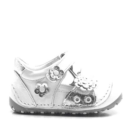 Hakiki Deri Beyaz-Gümüş Cırtlı Yazlık İlk Adım Ayakkabı