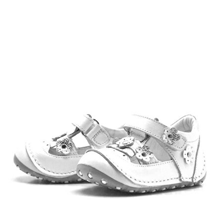 Hakiki Deri Beyaz-Gümüş Cırtlı Yazlık İlk Adım Ayakkabı