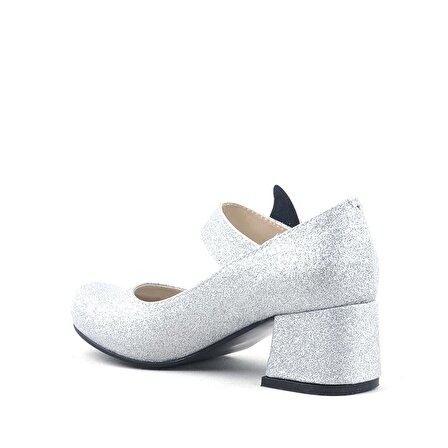 Gümüş Işıltılı Kelebekli Kız Çocuk Topuklu Ayakkabı