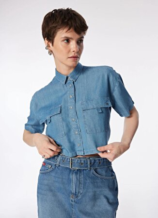 Lee Cooper Crop Klasik Yaka Düz Mavi Kadın Denim Gömlek 242 LCF 141001 CARDY DENIM