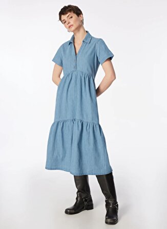 Lee Cooper Gömlek Yaka Düz Açık Lacivert Uzun Kadın Elbise 242 LCF 144001 MOLARIA CORDELIA LIG