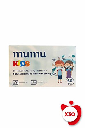 Mumu 3-PLY Surgical Kid's Mask With Earloop 50'li 30 Paket