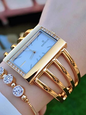 Revello Çelik Swarovski Taşlı Özel Altın Kaplama Elite Modeli 30 Mt Su Geçirmez+Bileklik Lady Wristwatch RES.170091-A