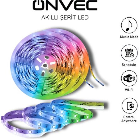 Onvec  5m Wi-Fi Destekli 16 Milyon Renk Smart Şerit LED  Tuya -Uygulama Üzerinden Kontrol
