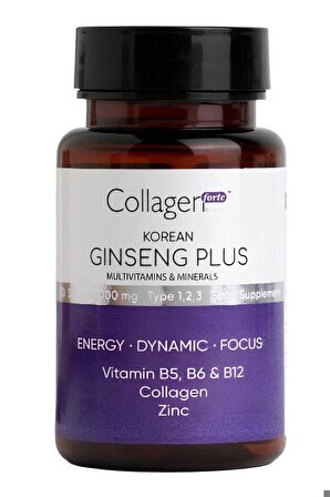 Collagen Forte Platinum Kırmızı Kore Ginseng Plus, Hidrolize Kolajen, Vitamin B5-B6-B12 & Çinko, 1000mg Softjel Kapsül