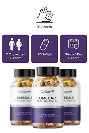 Collagen Forte Omega 3 Premium Fish Oil, Balık Yağı, Hidrolize Kolajen, Vitamin C 1000mg 90 Softjel Kapsül
