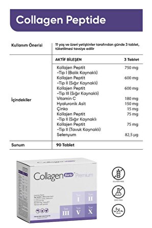 Collagen Forte Premium 5 Tip Kolajen, Hyalüronik Asit, Çinko, Selenyum & Vitamin C, 90 Tablet