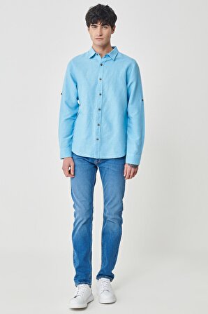 Regular Fit Normal Kesim %100 Pamuk Mavi Uzun Kollu Gömlek
