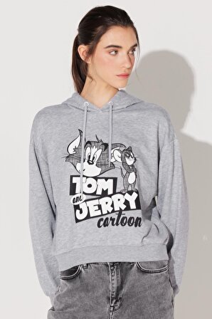 Regular Fit Normal Kesim Kapüşonlu Gri Melanj Tom ve Jerry Baskılı Sweatshirt
