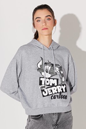 Regular Fit Normal Kesim Kapüşonlu Gri Melanj Tom ve Jerry Baskılı Sweatshirt