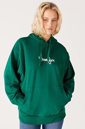 Oversize Bol Kesim Kapüşonlu Sırt Baskılı Yeşil Sweatshirt