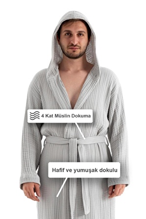 Unisex Kapşonlu 4 Kat Müslin Bornoz (Gri,S/M)