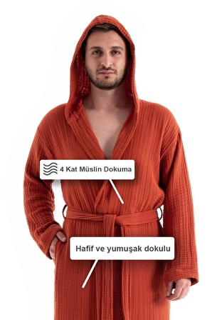 Unisex Kapşonlu 4 Kat Müslin Bornoz (Kiremit, XXL)