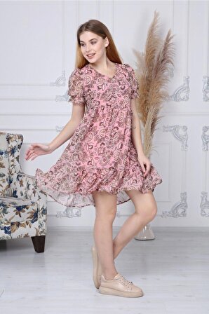 Kadın Yeni Sezon Büzgü Detaylı Çiçek Desenli Şifon Elbise 4316/95