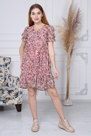 Kadın Yeni Sezon Büzgü Detaylı Çiçek Desenli Şifon Elbise 4316/95