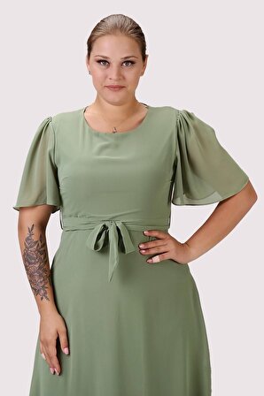 Kadın Büyük Beden Bağlama Detaylı Midi Şifon Elbise 4257/110