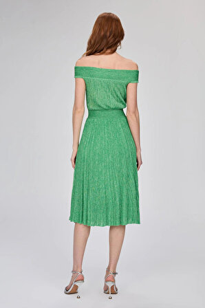 Join Us Kadın Kayık Yaka Simli Midi Elbise 0047 Yeşil