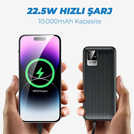 Dahili Type-C ve iPhone Kablolu 10000mAh Powerbank 22.5W Hızlı Led Ekranlı Taşınabilir Şarj Cihazı