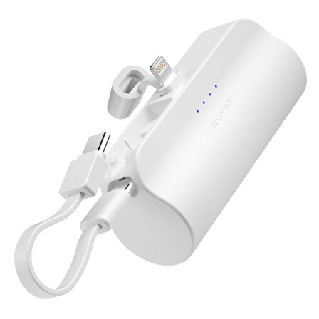 iPhone Lightning Soketli Mini Powerbank 5000mAh Type-C Dahili Kablolu Taşınabilir Şarj Cihazı Beyaz