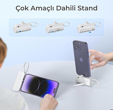 iPhone Lightning Soketli Mini Powerbank 5000mAh Type-C Dahili Kablolu Taşınabilir Şarj Cihazı Beyaz