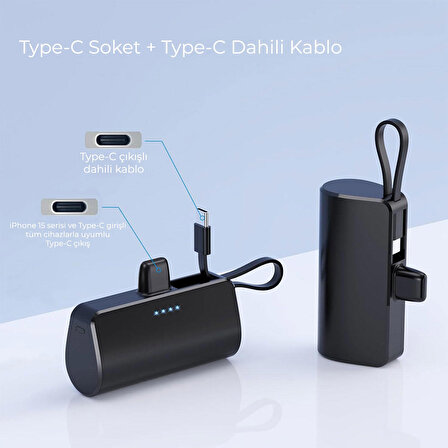 Type-C Soketli Mini Powerbank 5000mAh 2 Type-C Port Dahili Kablolu Taşınabilir Şarj Cihazı Siyah