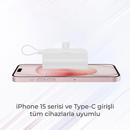 Type-C Soketli Mini Powerbank 5000mAh 2 Type-C Port Dahili Kablolu Taşınabilir Şarj Cihazı Beyaz